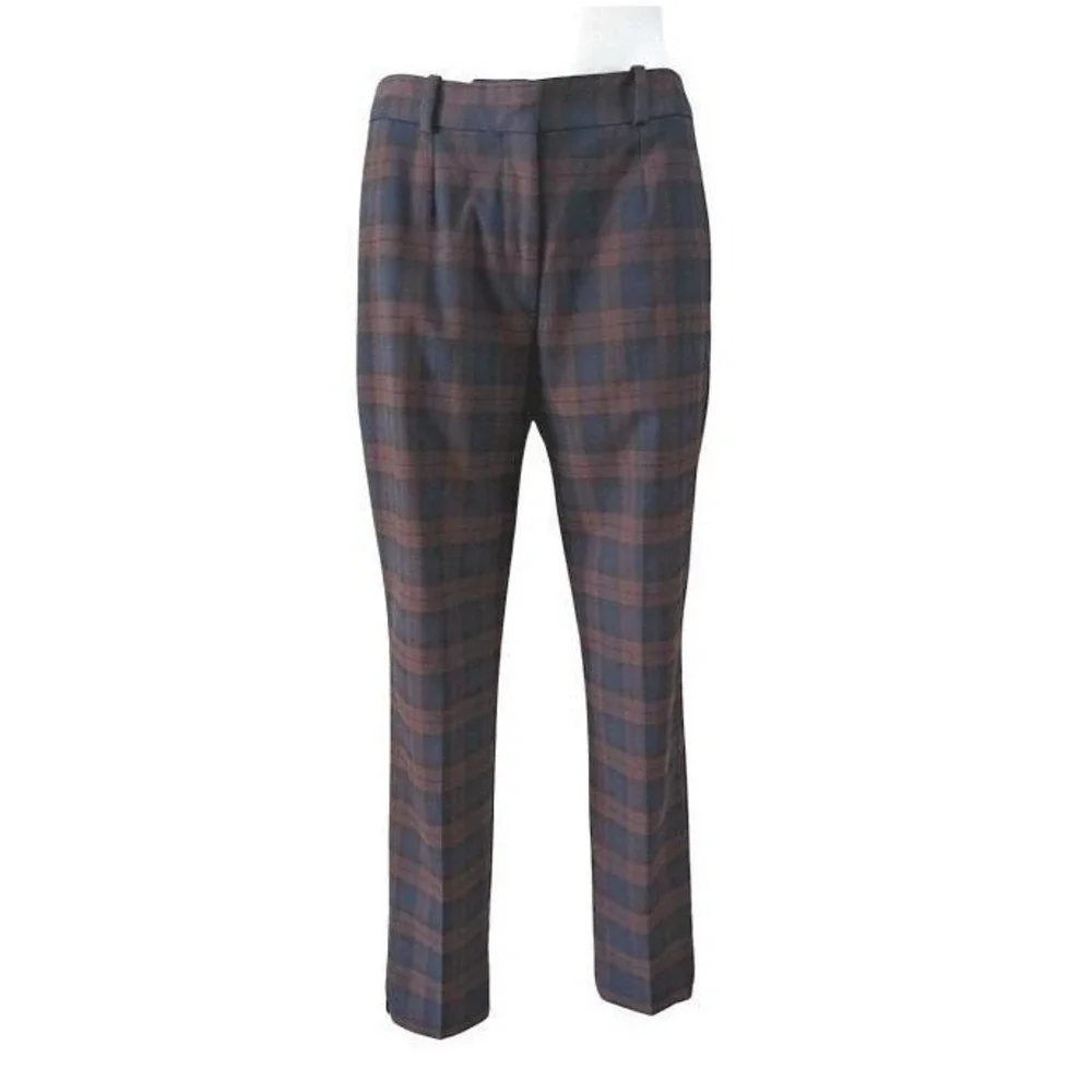 JIGSAW Womens Plaid Trousers Navy Brown Slim‎ Fit Career Pants Size US 8